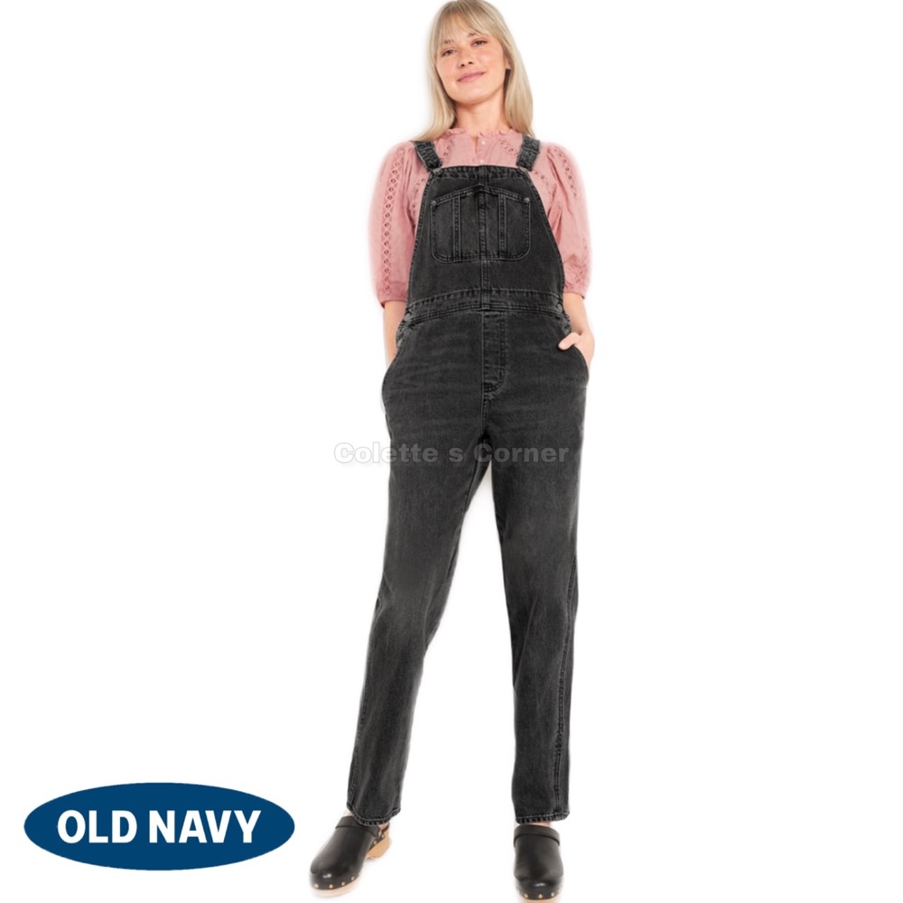 Old Navy Slouchy Relax Fit Straight Leg Black Denim Jean Carpenter Overalls
